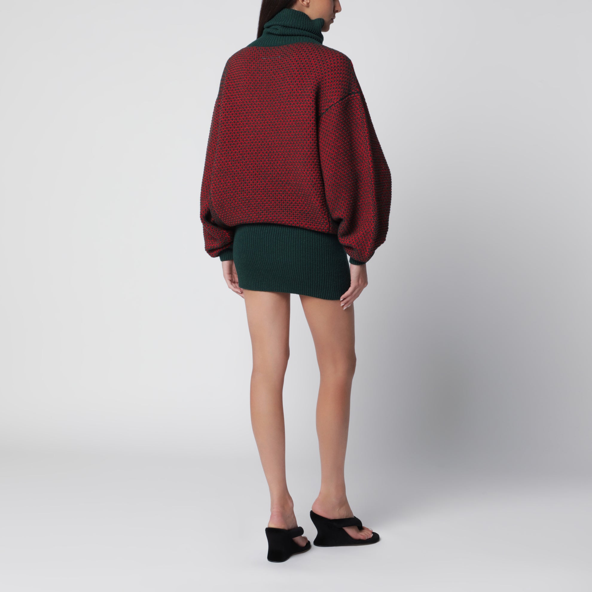 Mini abito rosso/verde bosco in maglia jacquard di lana
