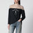 Black top with logo print and sheer insert