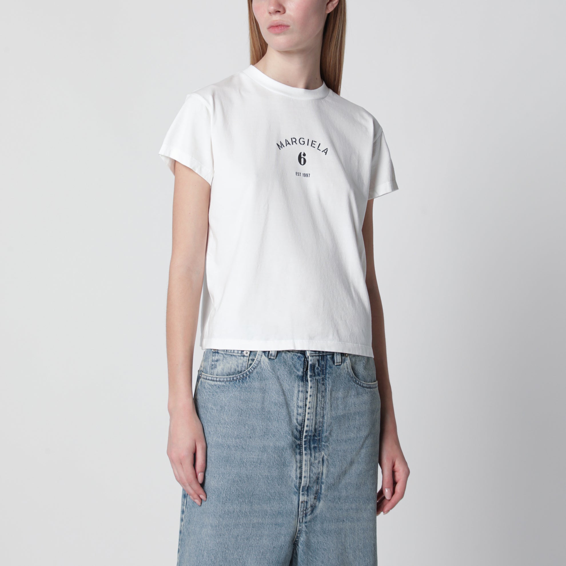 Off-white cotton jersey T-shirt with numeric embroidery