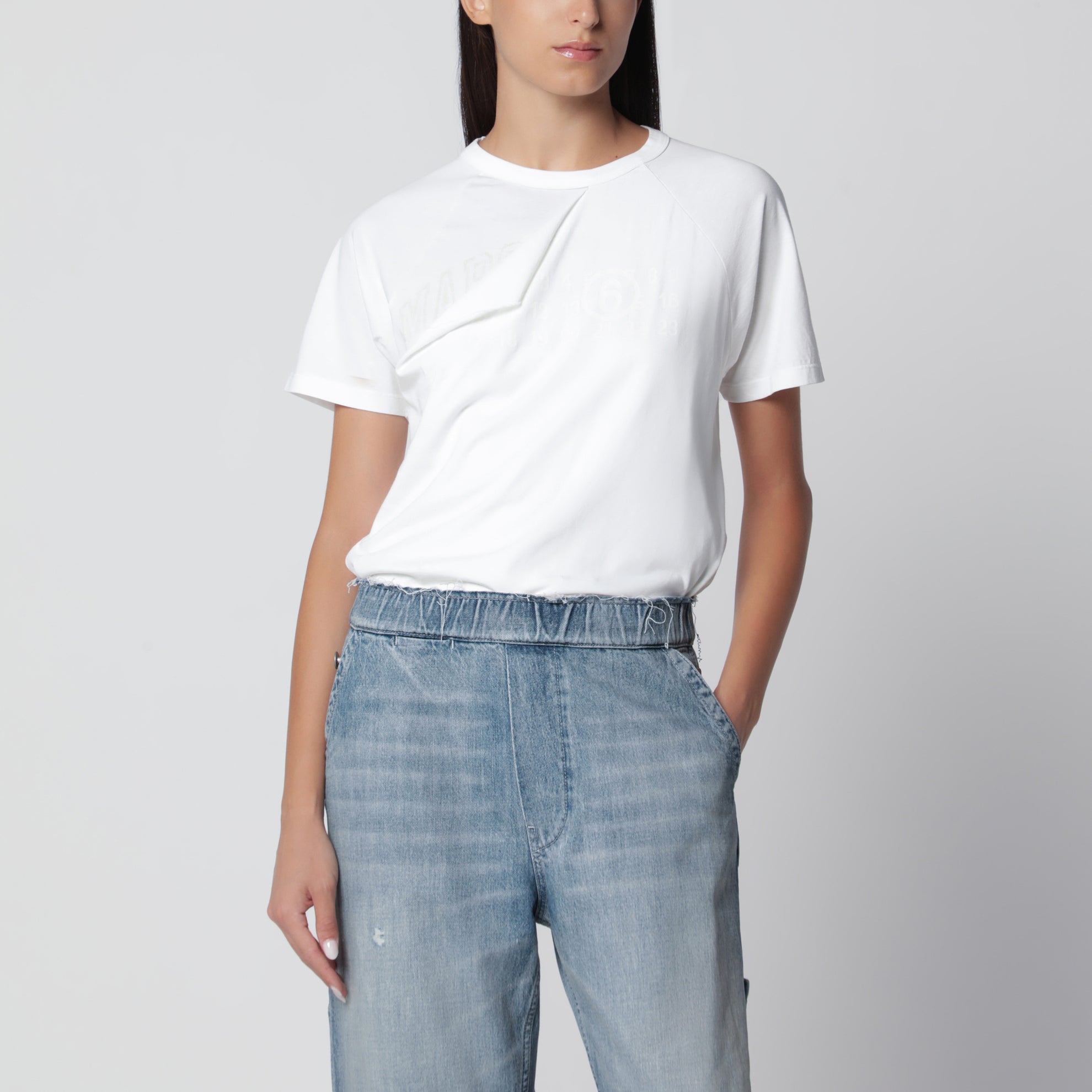 T-shirt blanc en jersey de coton avec détail effet déchiré