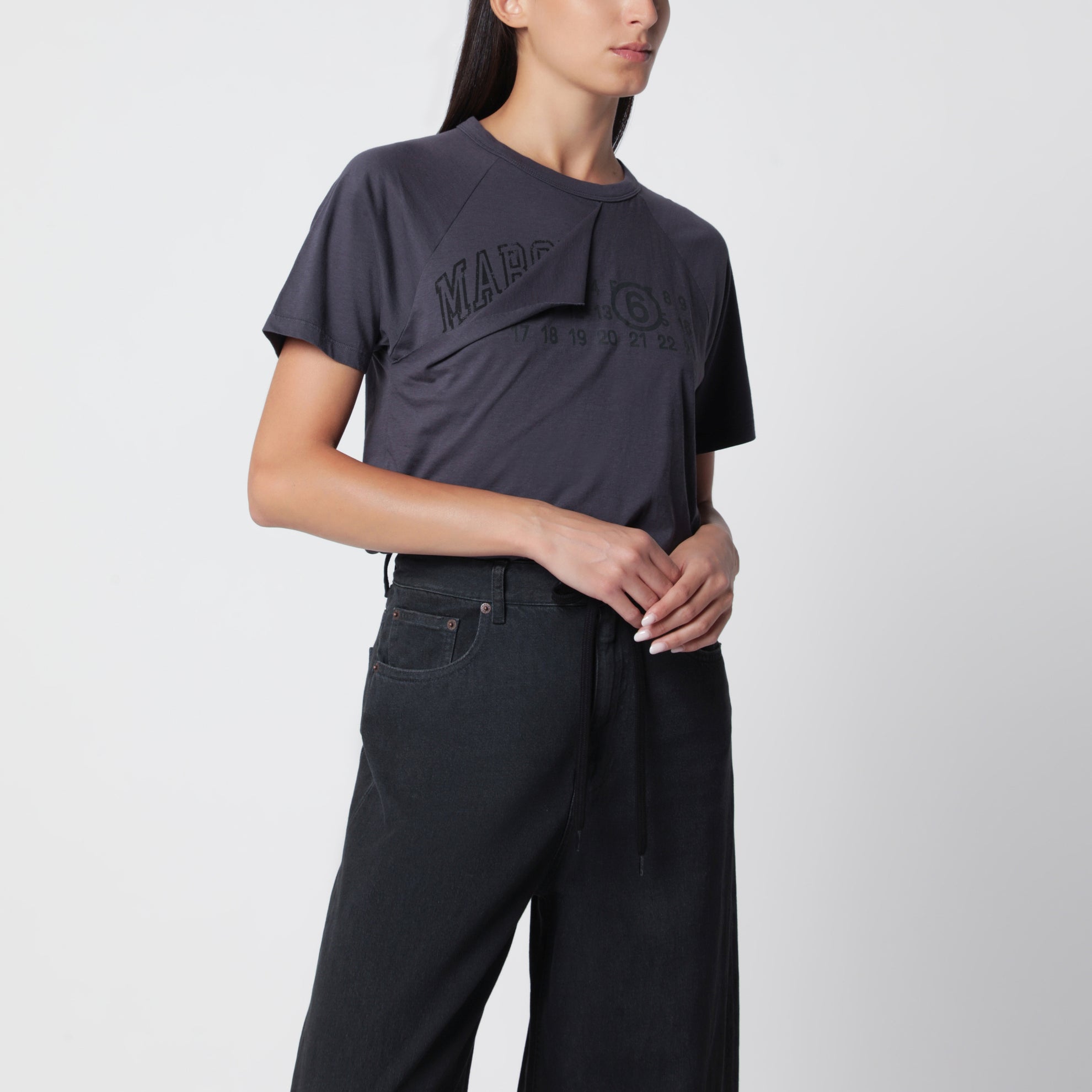 T-shirt blu notte in jersey di cotone con dettaglio strappato