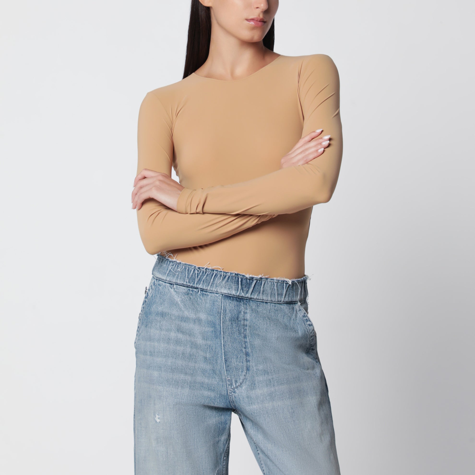 Body a maniche lunghe in jersey di lycra color carne