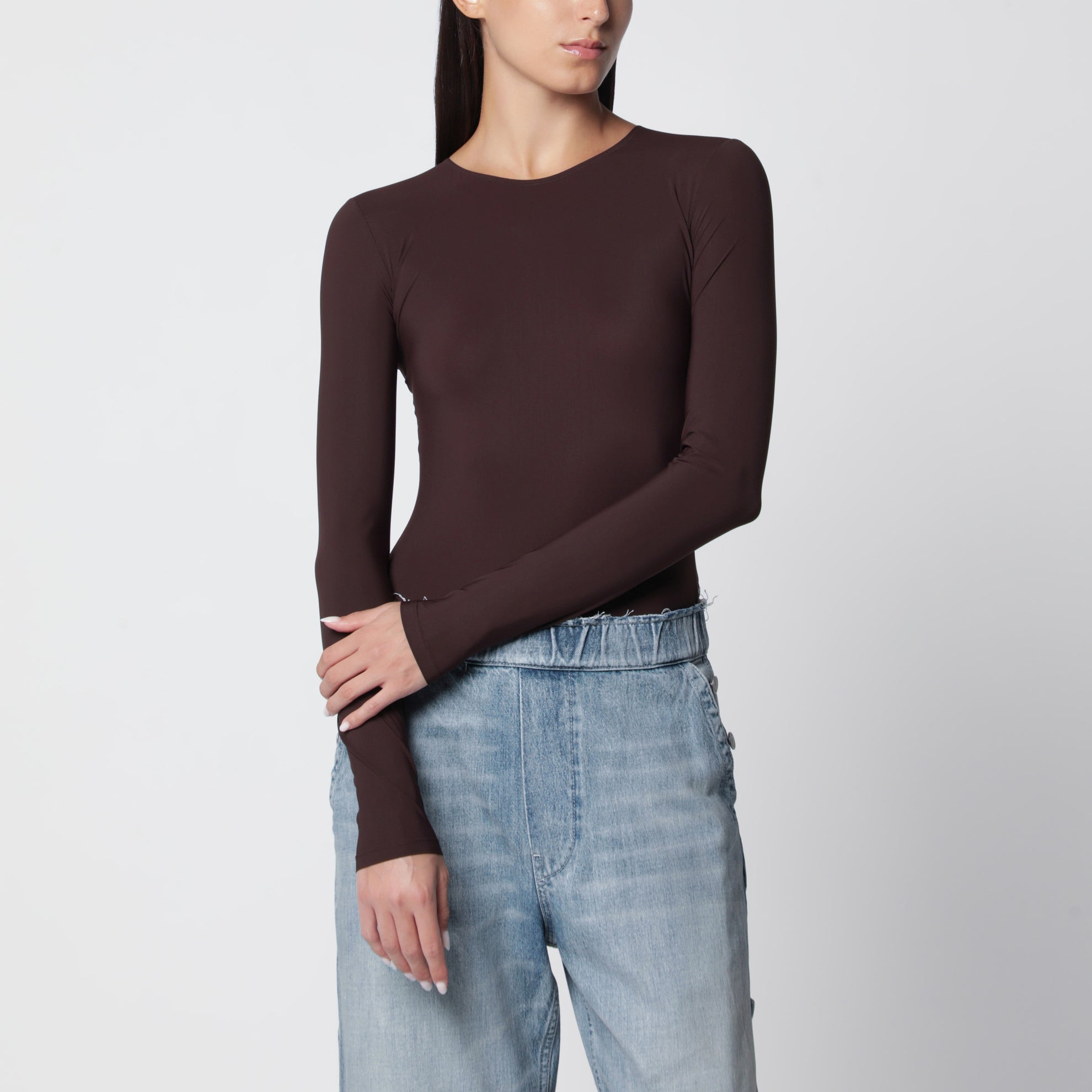 Brown long-sleeve lycra jersey bodysuit
