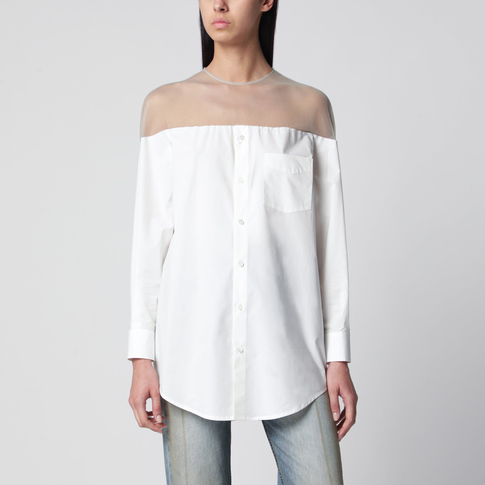 Cotton shirt with sheer panels in off-white