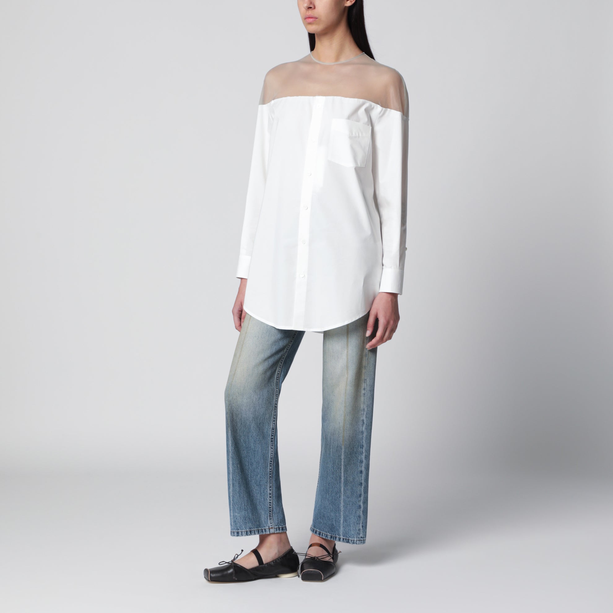 Cotton shirt with sheer panels in off-white