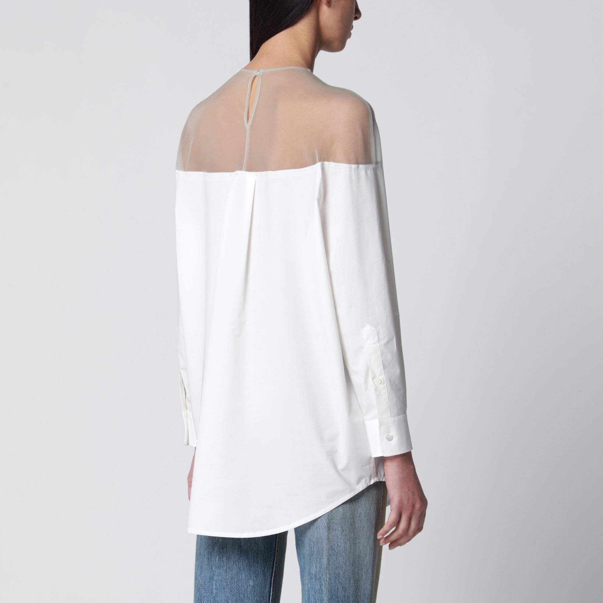 Cotton shirt with sheer panels in off-white