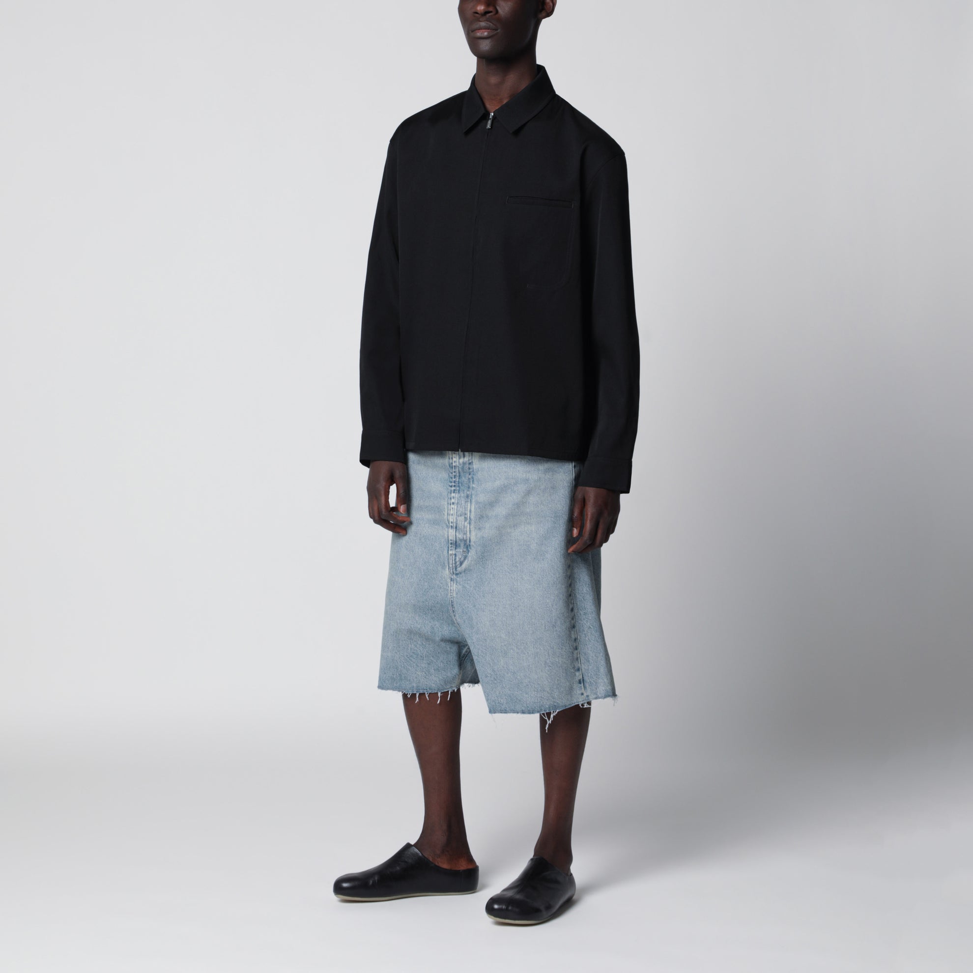 Low-crotch denim bermuda shorts in ice blue