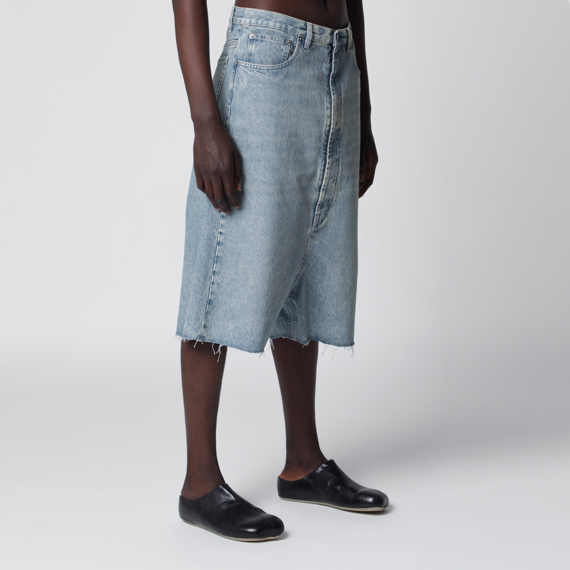 Low-crotch denim bermuda shorts in ice blue
