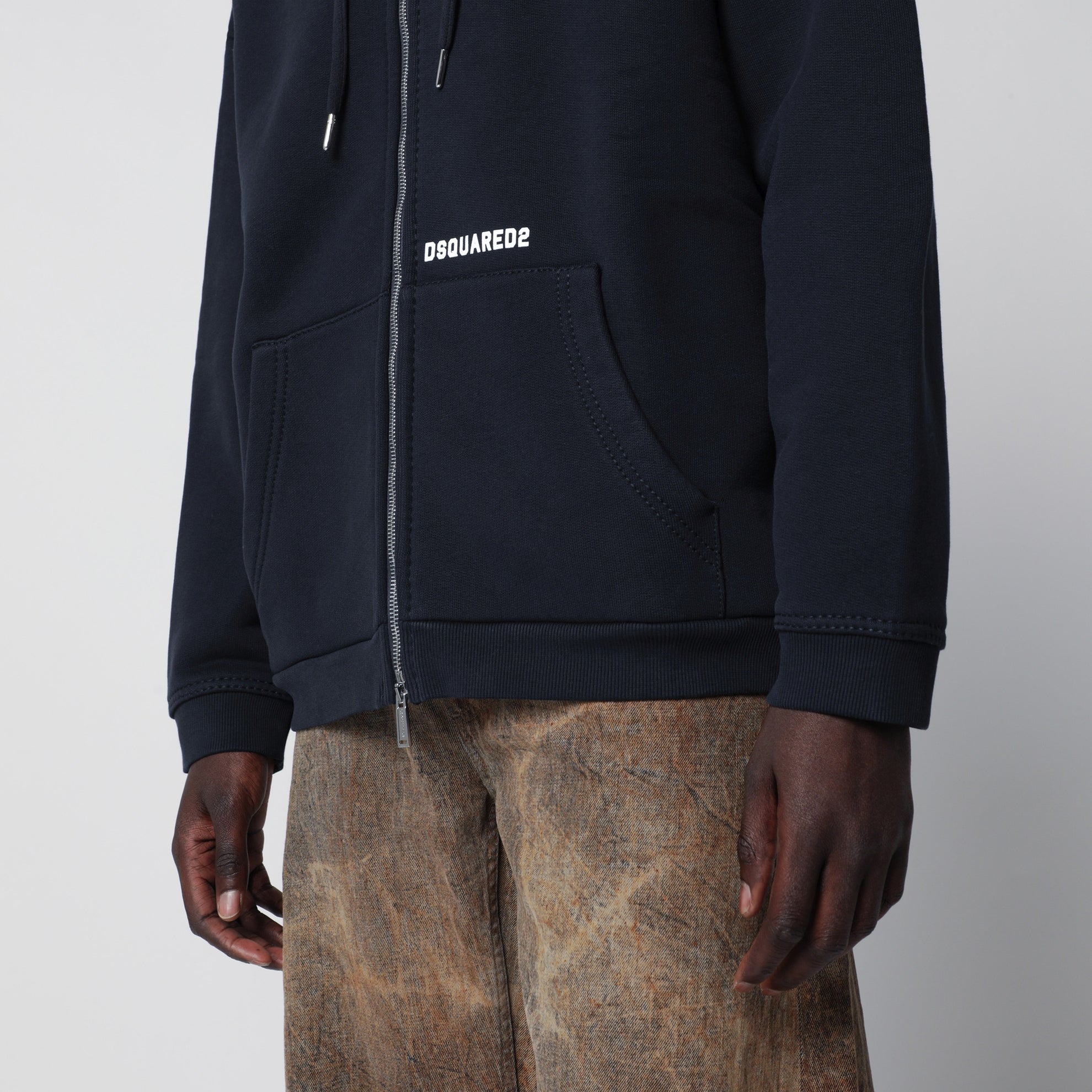 Zip-up hoodie in stretch cotton, blue