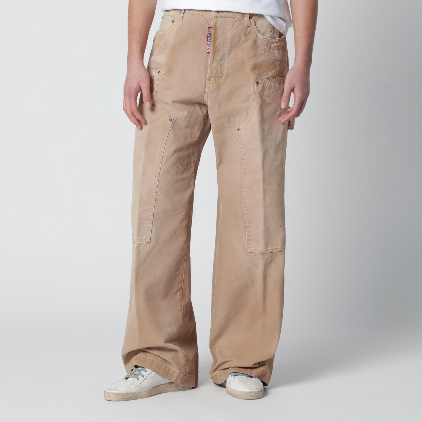 Vintage-effect beige baggy carpenter jeans
