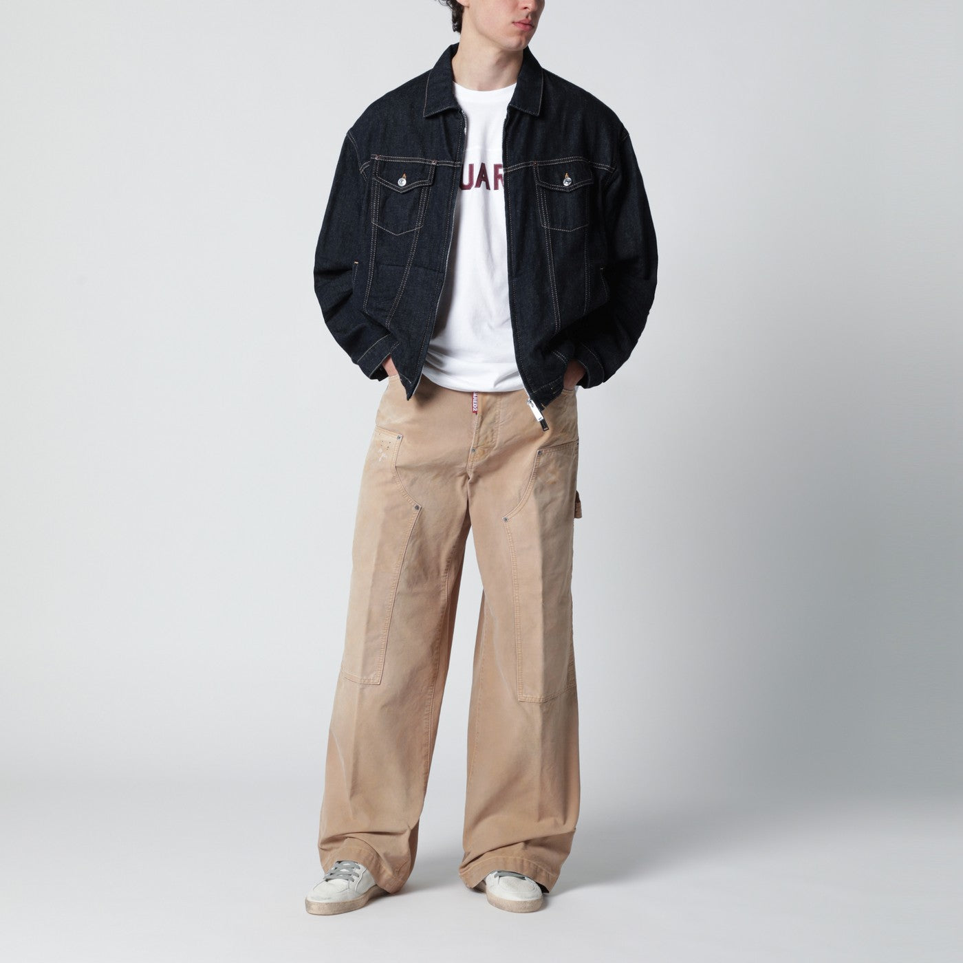 Vintage-effect beige baggy carpenter jeans