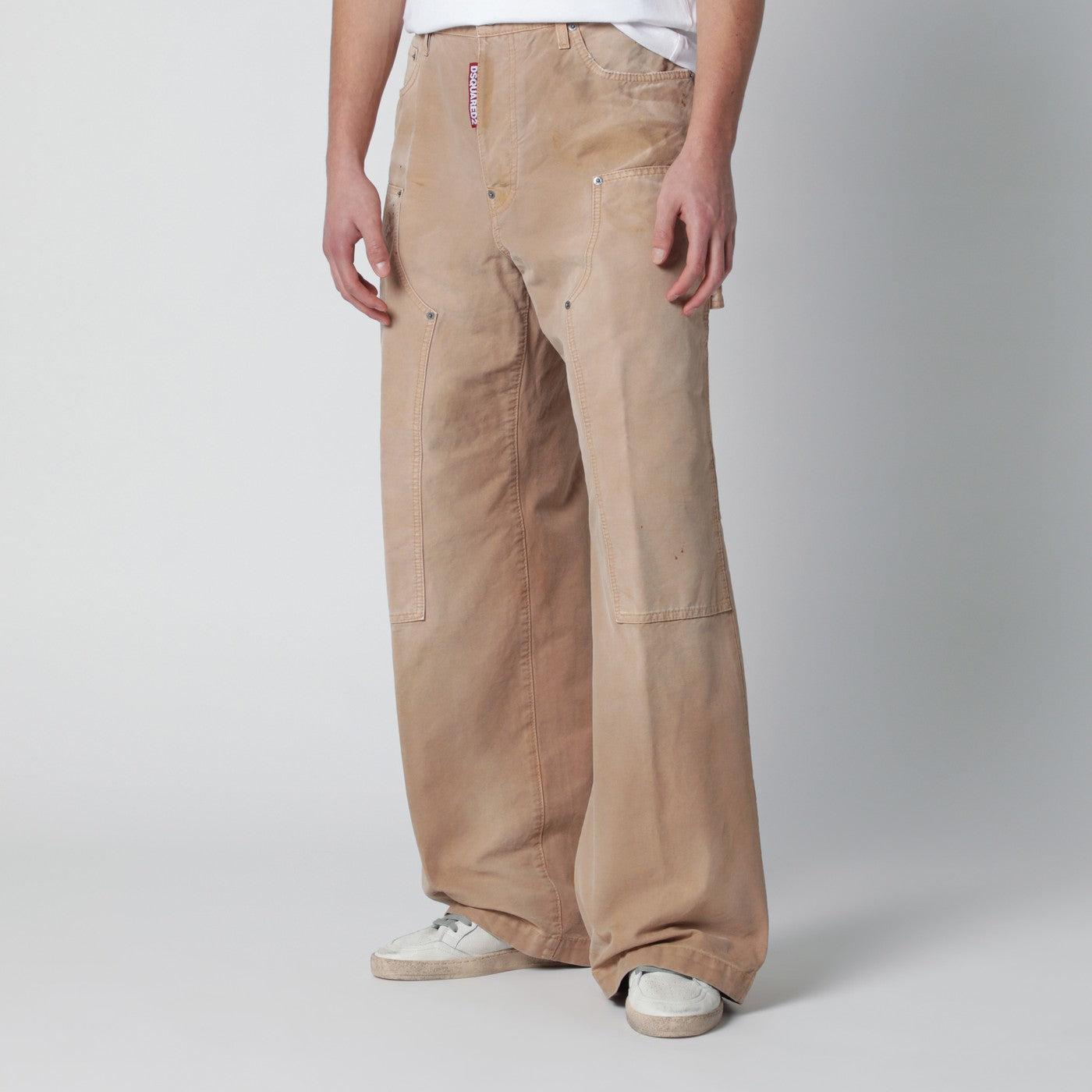 Vintage-effect beige baggy carpenter jeans