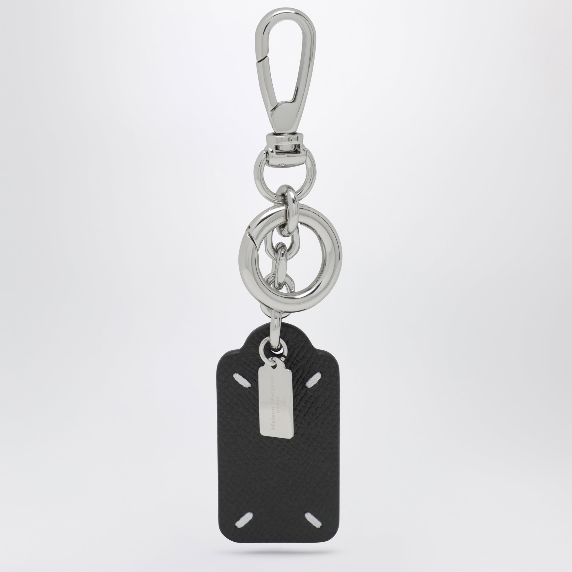 Double-label keychain in black grained calf leather