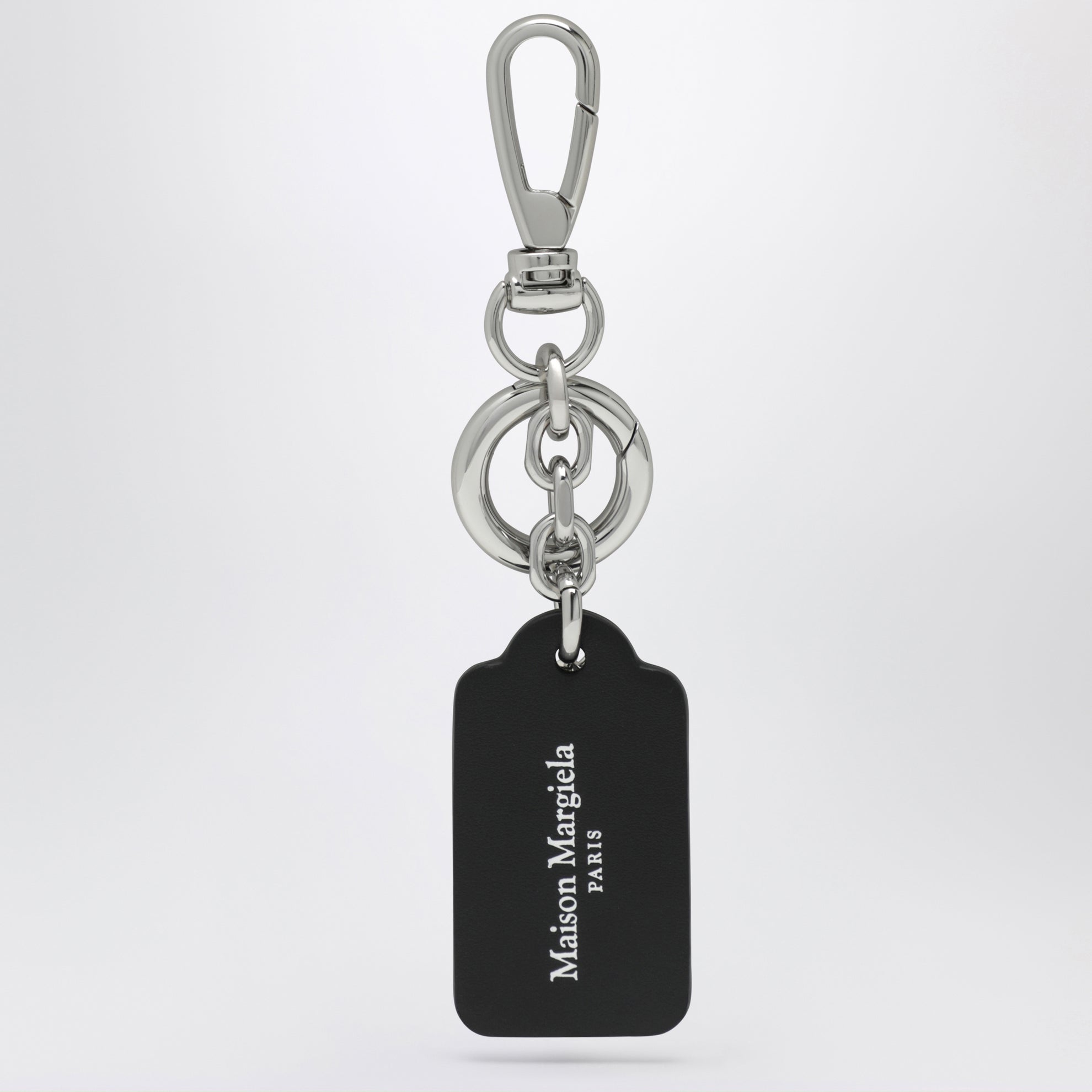 Double-label keychain in black grained calf leather