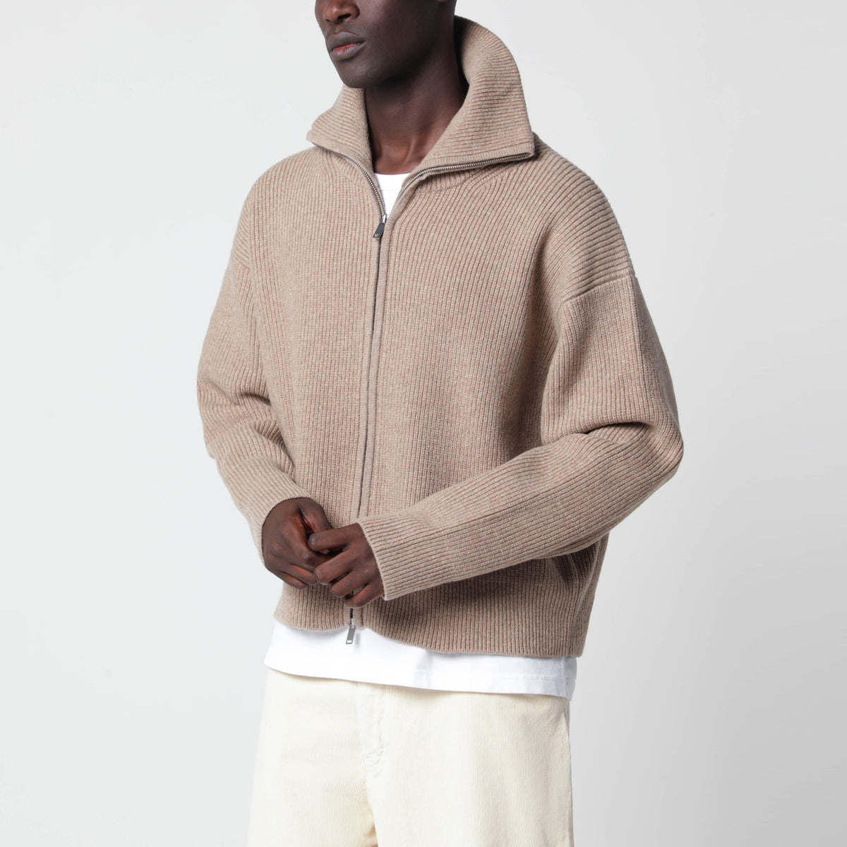 Beige Sandos zip-up cardigan in wool
