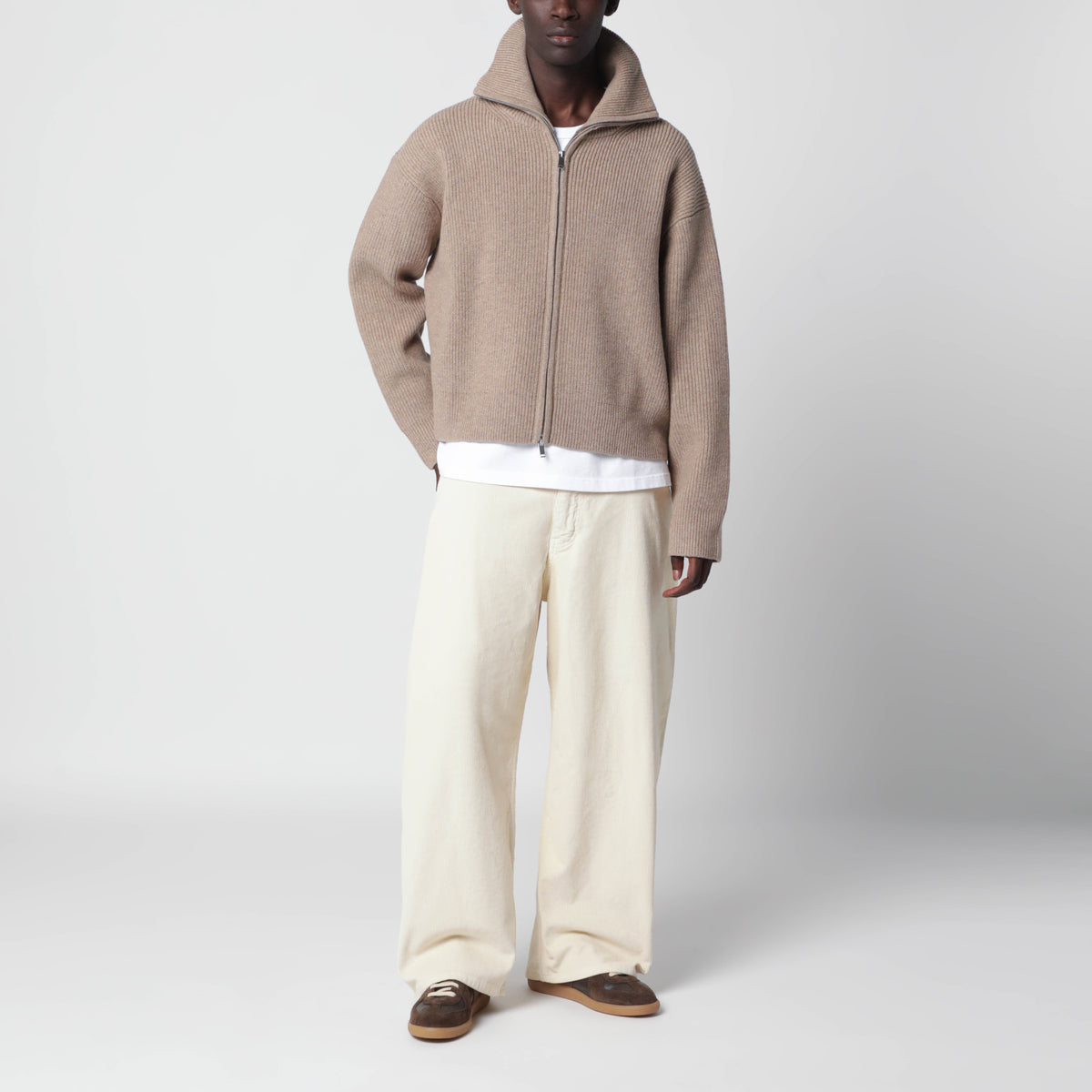 Beige Sandos zip-up cardigan in wool