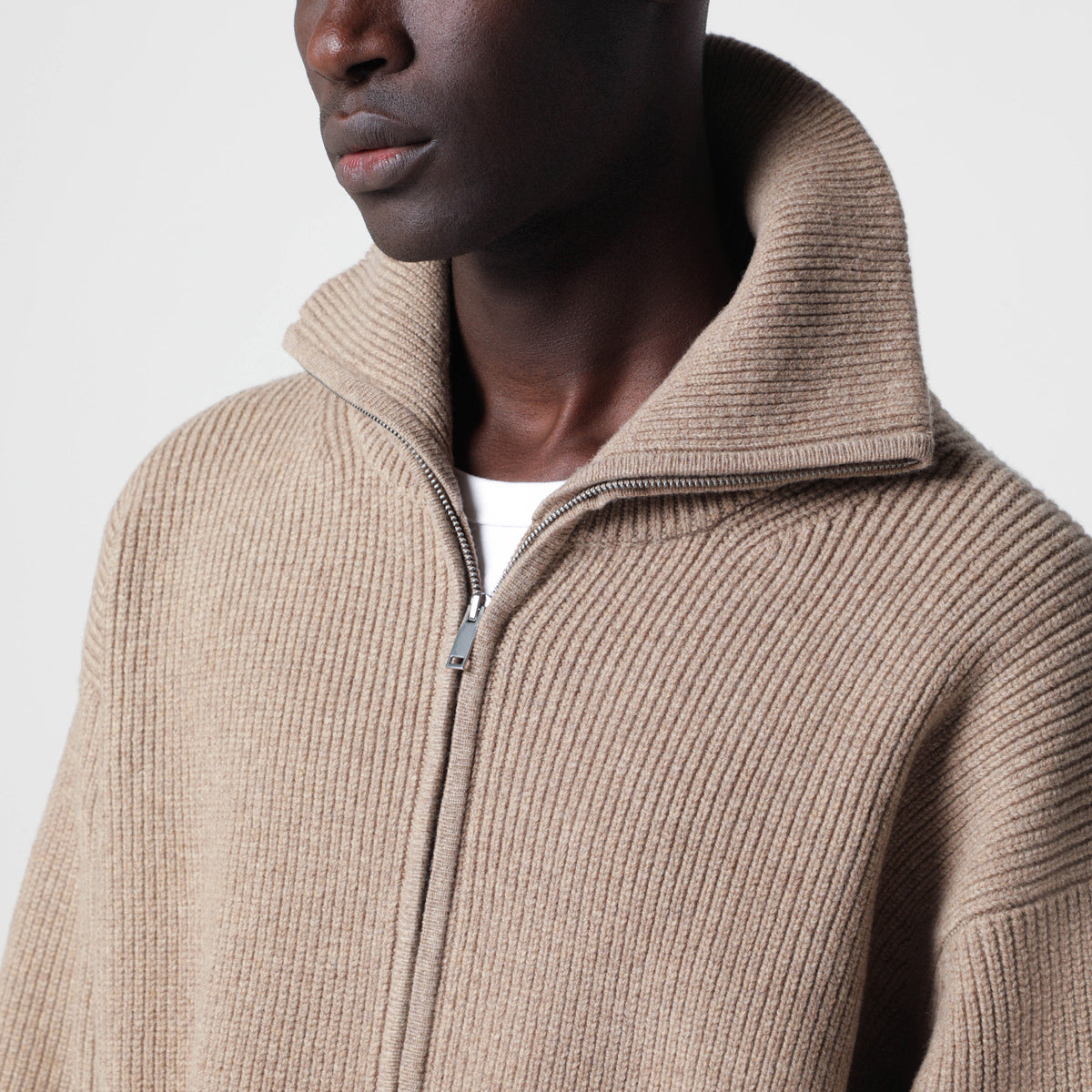 Beige Sandos zip-up cardigan in wool