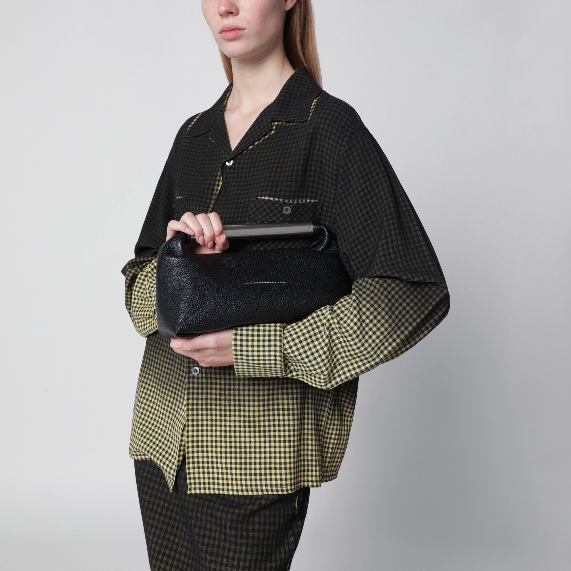 Handtasche Japanese Bag Jewel Handle aus Leder in Schwarz
