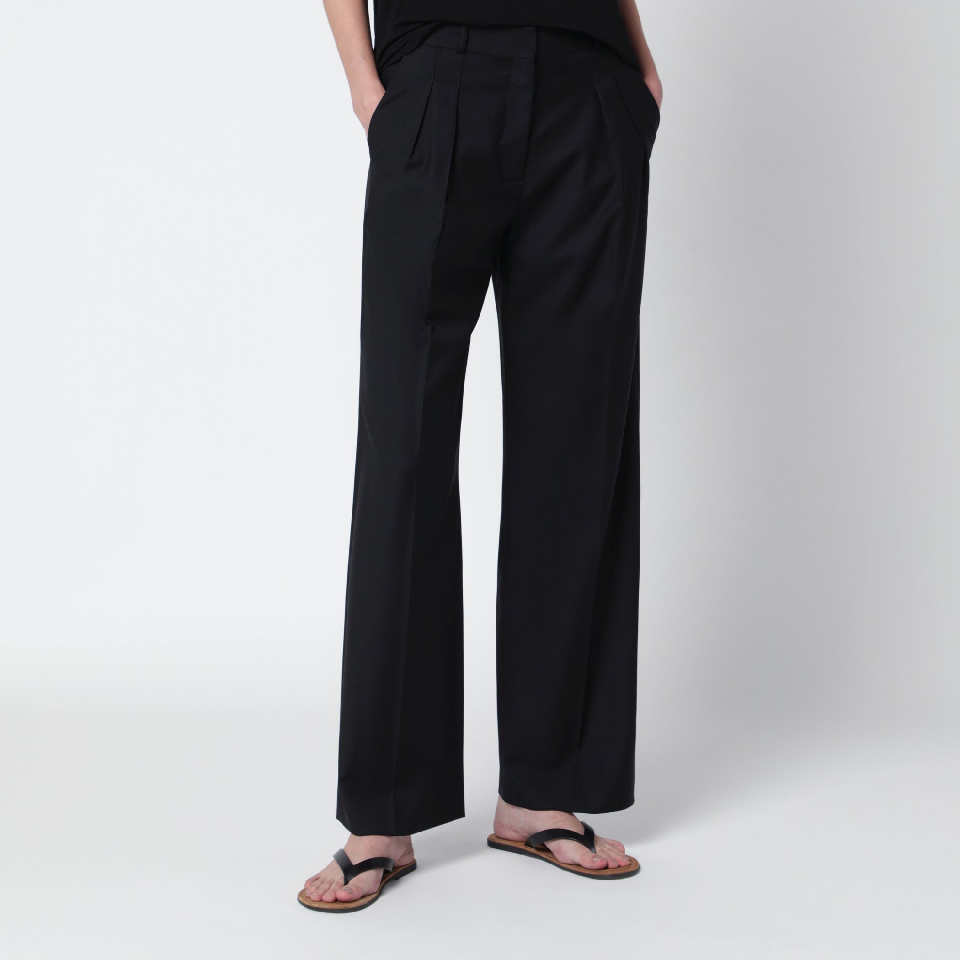 Pantaloni plissettati neri in misto lana
