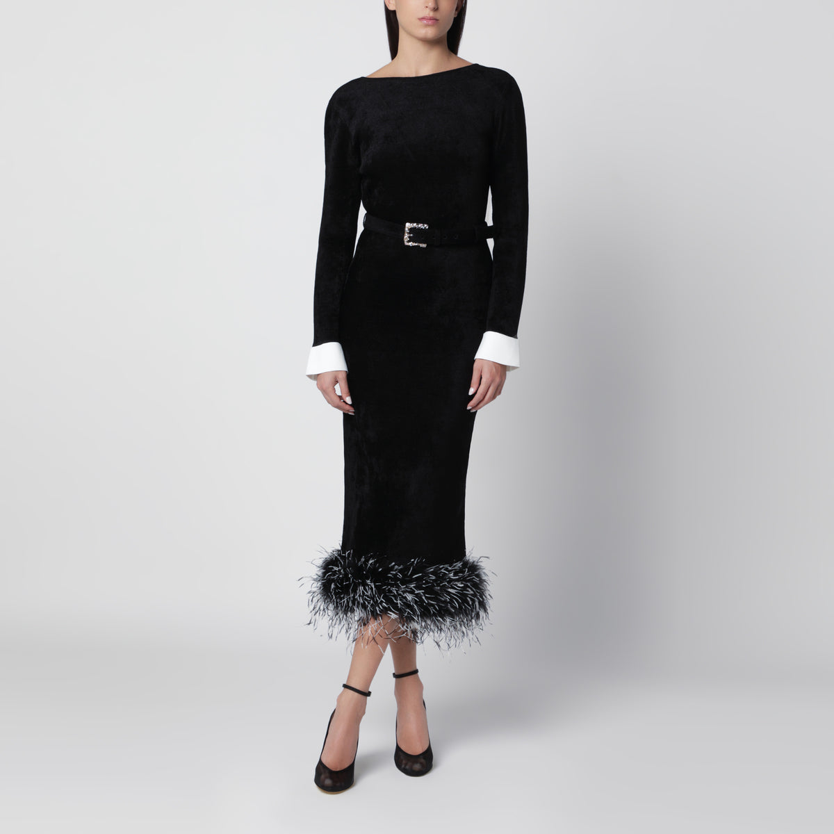 Black midi chenille knit dress with feather trim