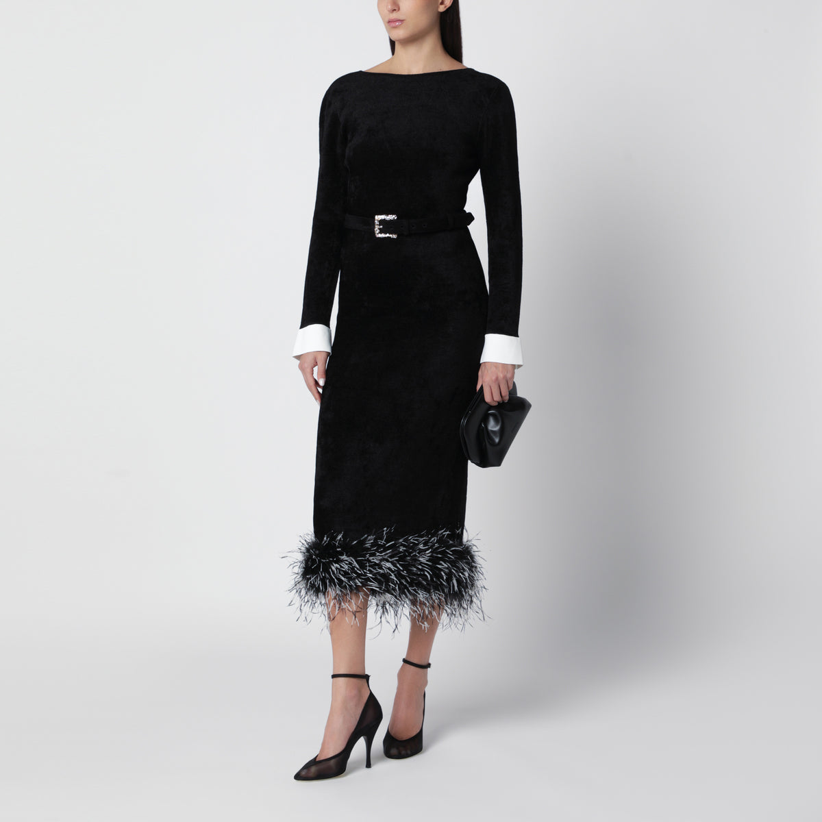 Black midi chenille knit dress with feather trim