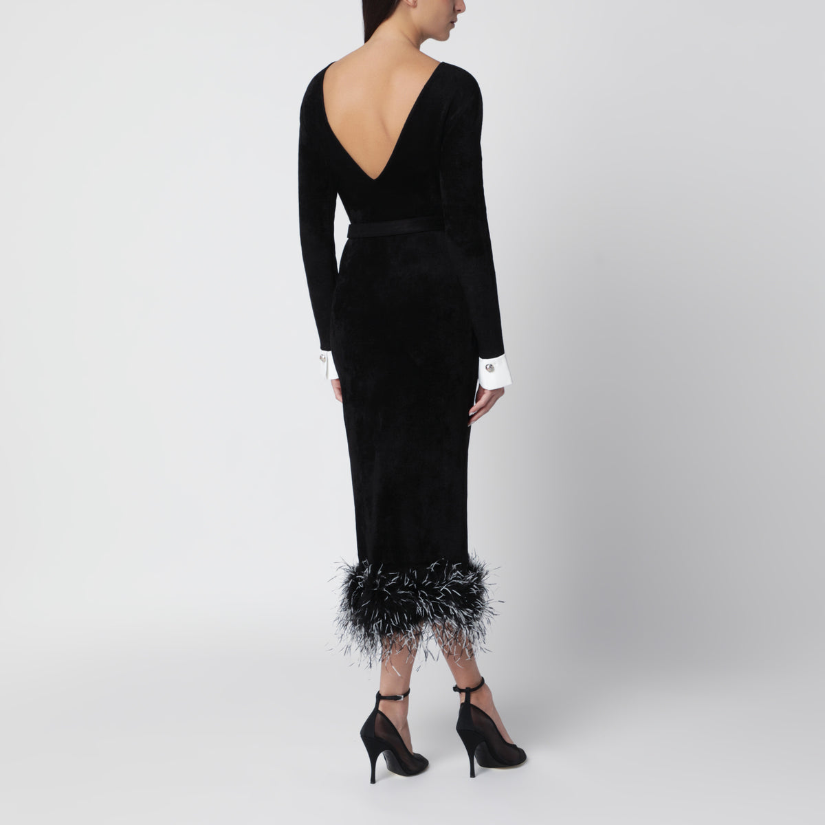 Black midi chenille knit dress with feather trim