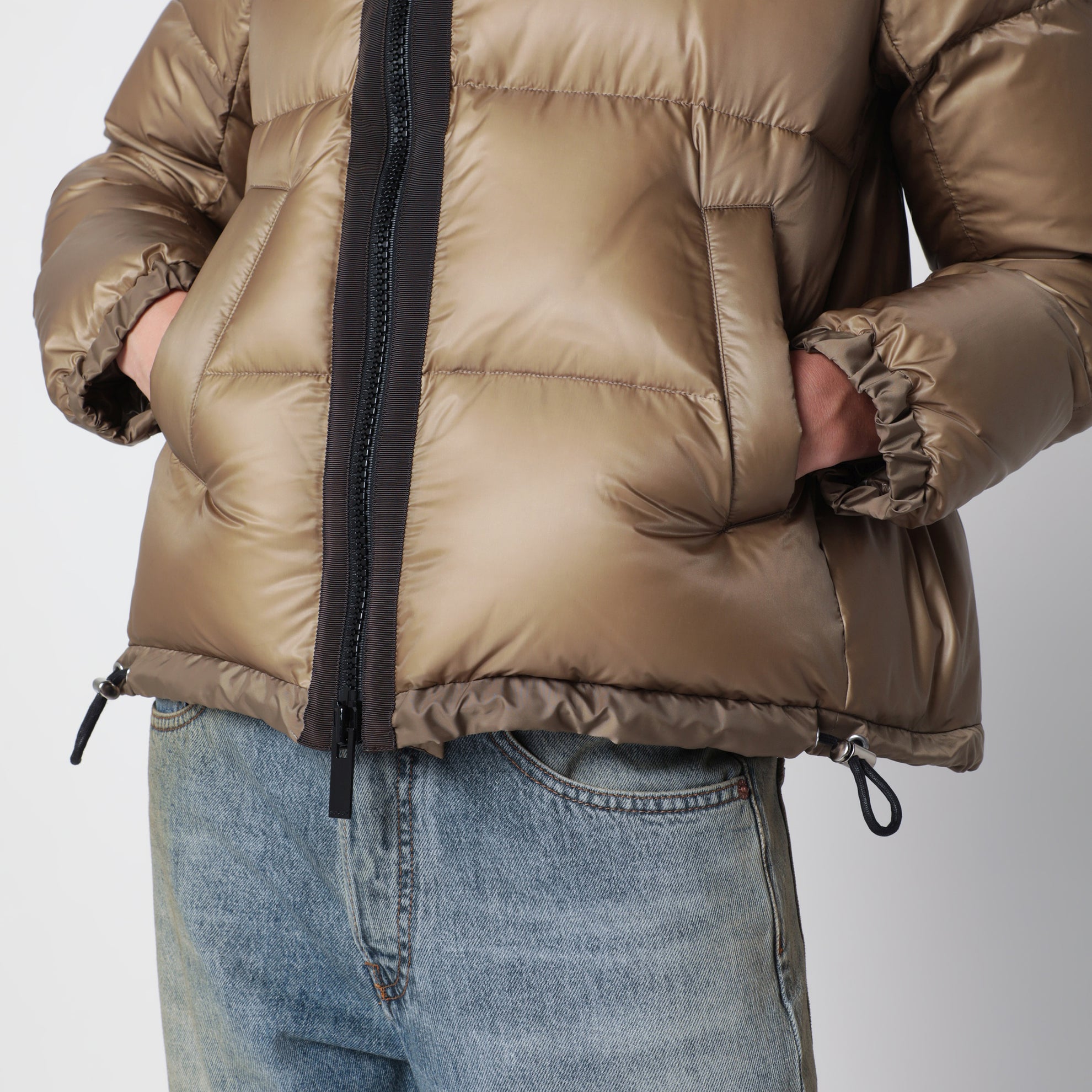 Beige down jacket with asymmetrical zip