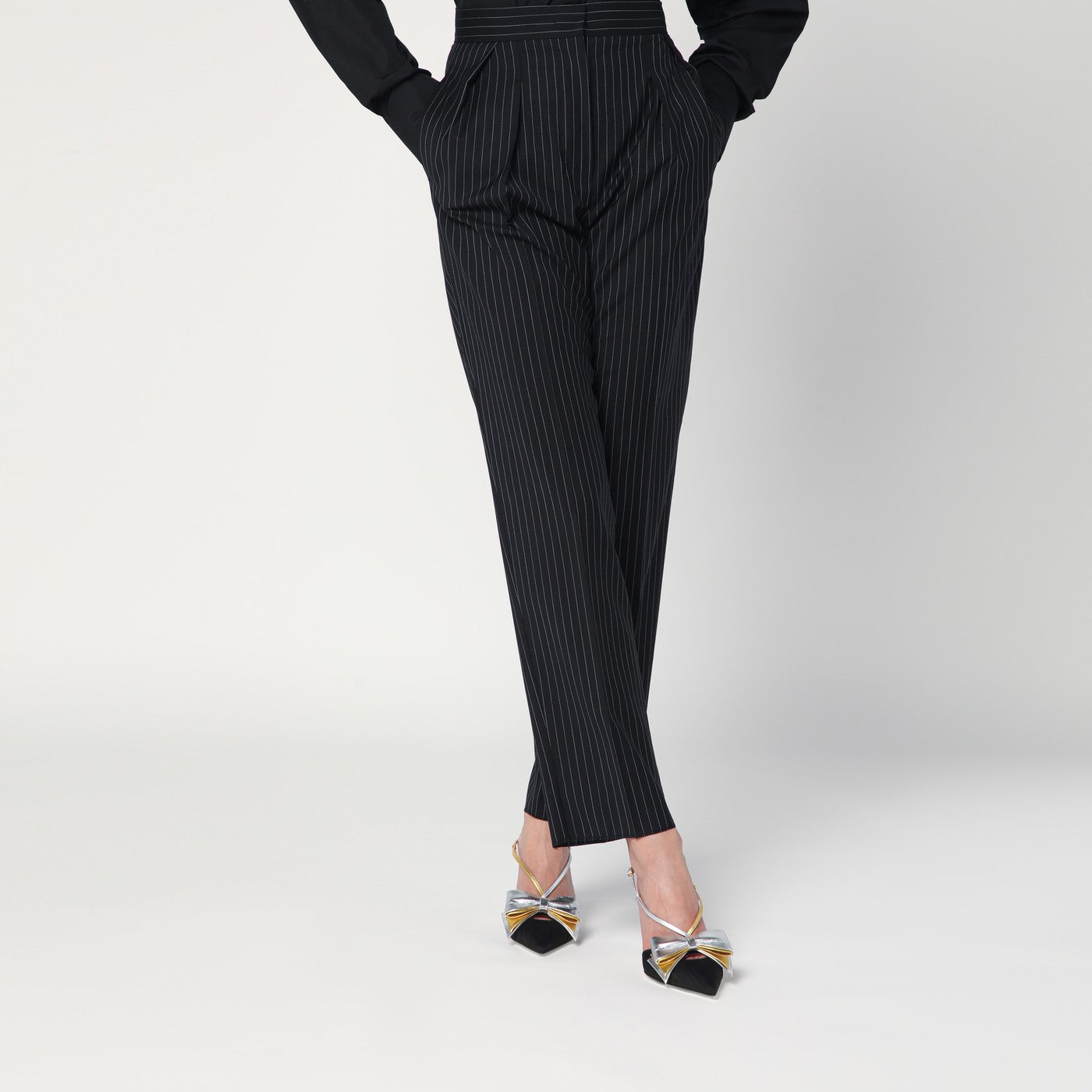 Black pinstriped wool trousers