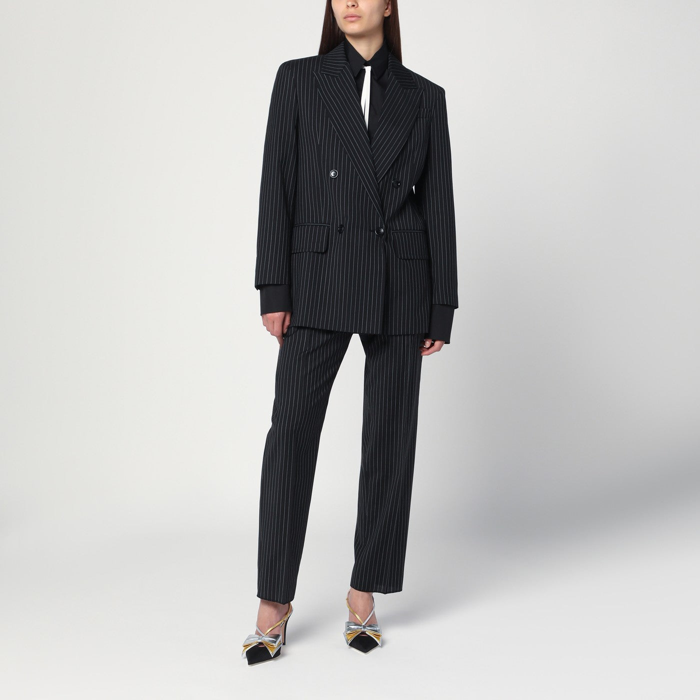 Black pinstriped wool trousers
