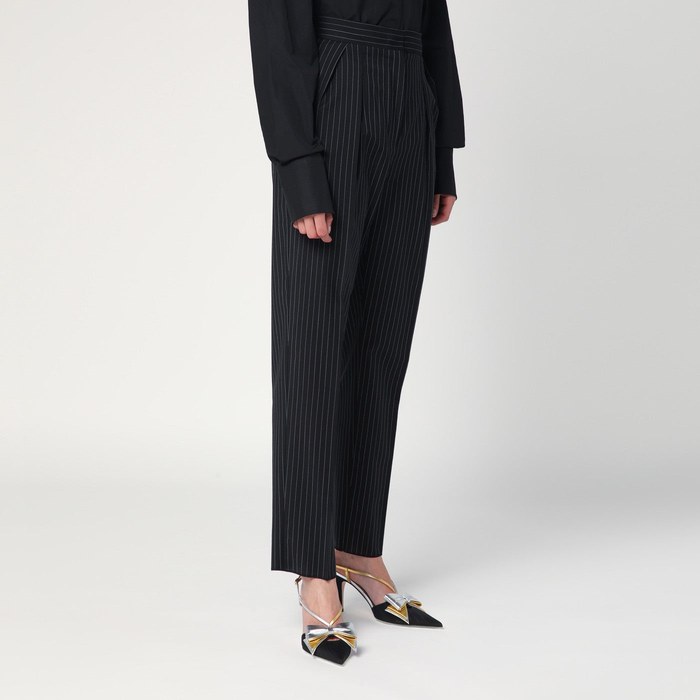 Black pinstriped wool trousers