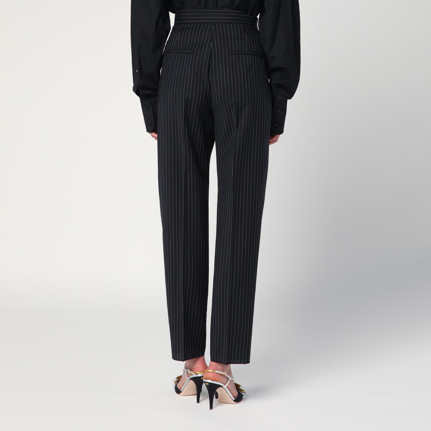 Black pinstriped wool trousers