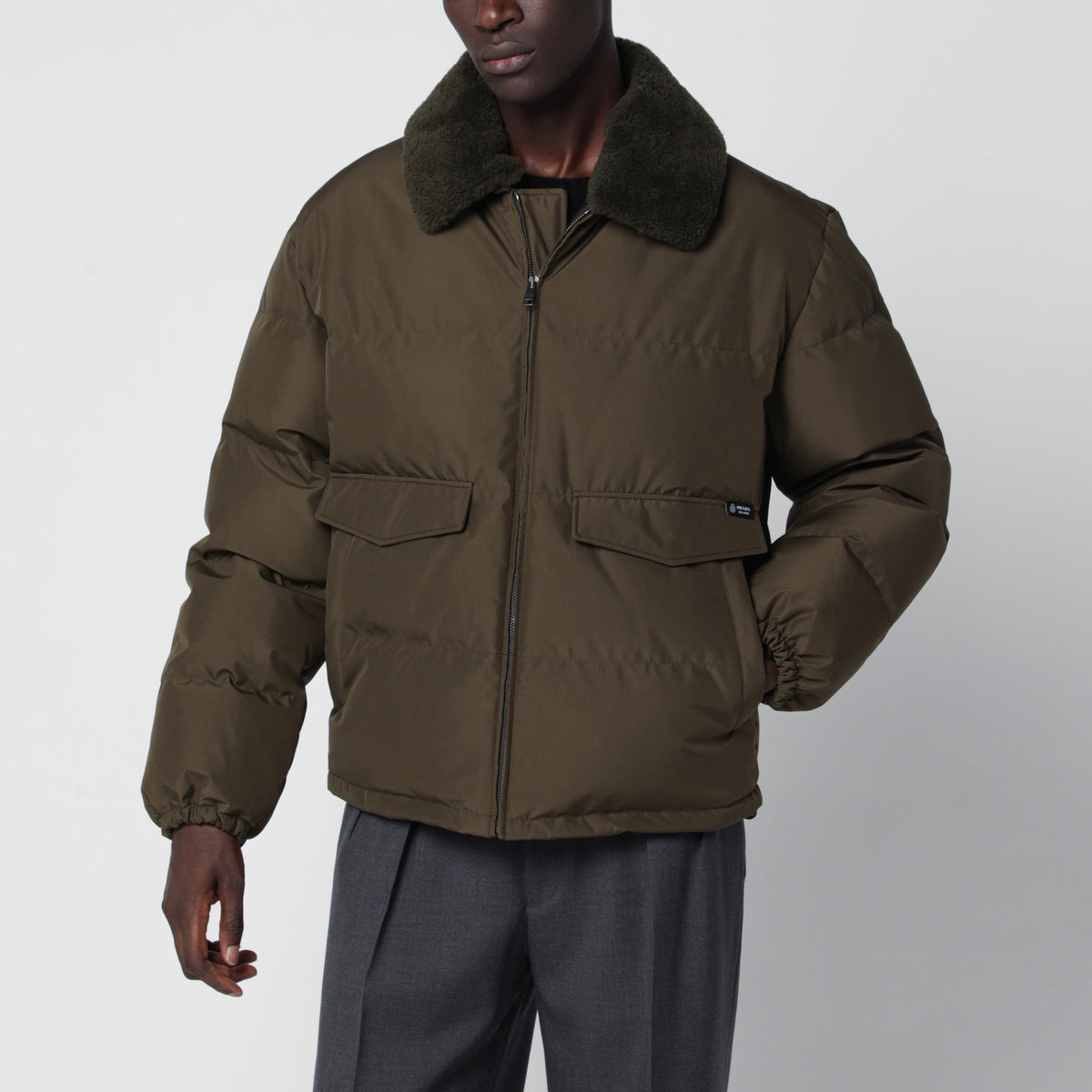 Forest green medium down jacket in technical fabric