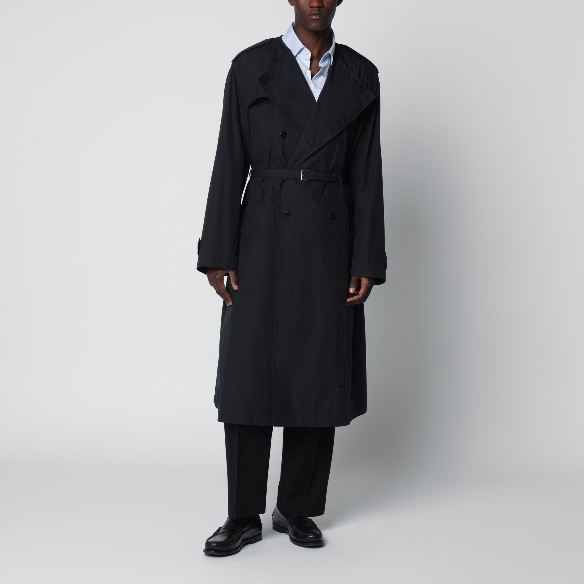 Black double-breasted cotton-blend trench coat