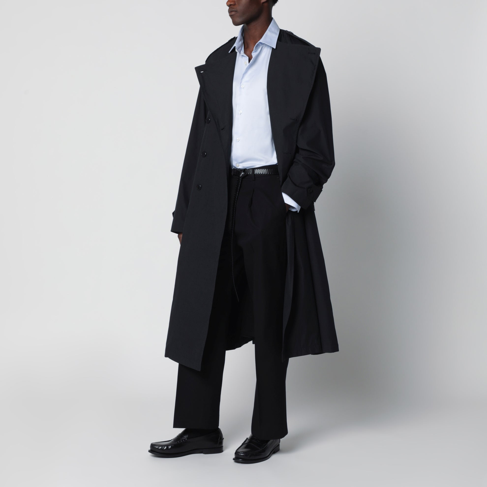 Black double-breasted cotton-blend trench coat