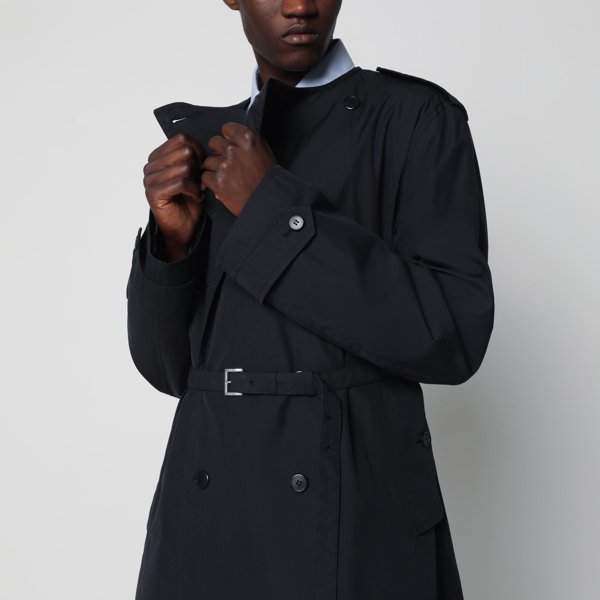 Black double-breasted cotton-blend trench coat