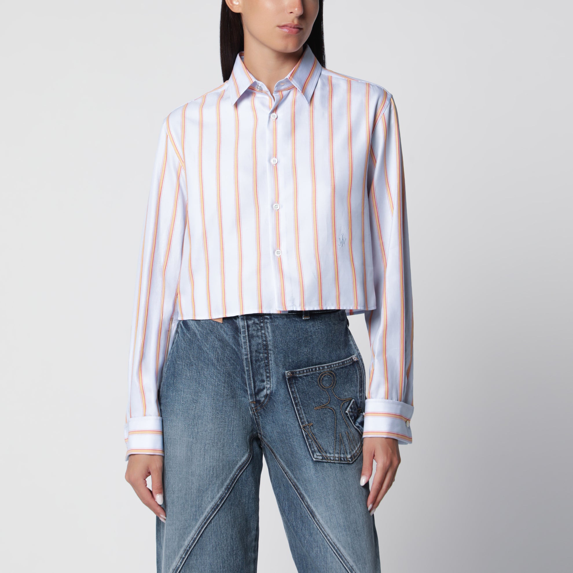 Camicia cropped blu e arancione in cotone