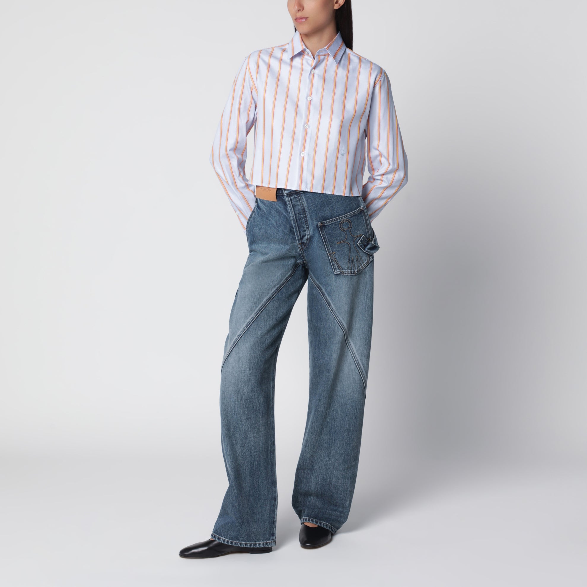 Camicia cropped blu e arancione in cotone