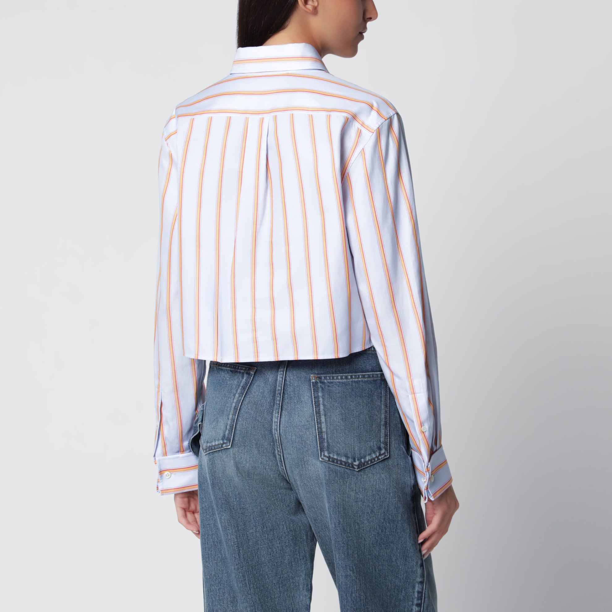 Camicia cropped blu e arancione in cotone