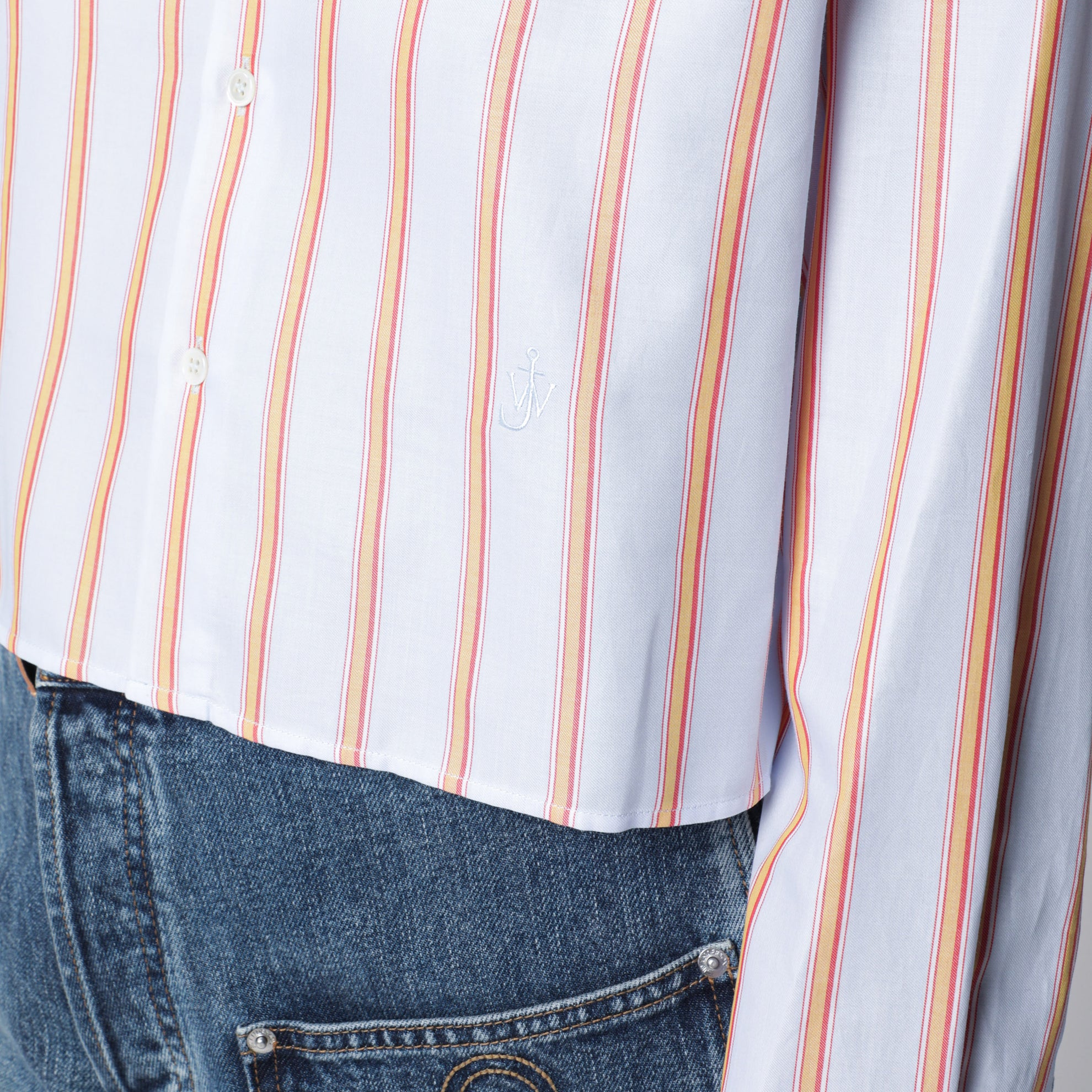 Camicia cropped blu e arancione in cotone