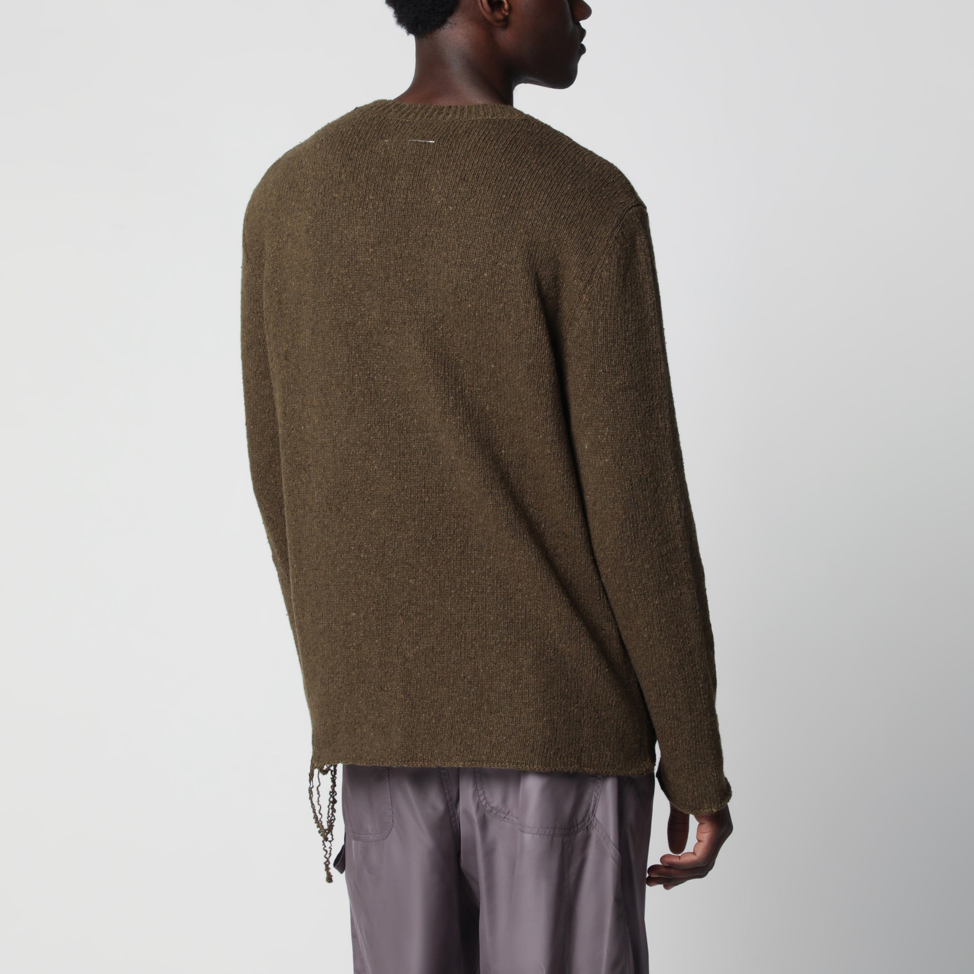 Crew-neck sweater in khaki/black wool blend