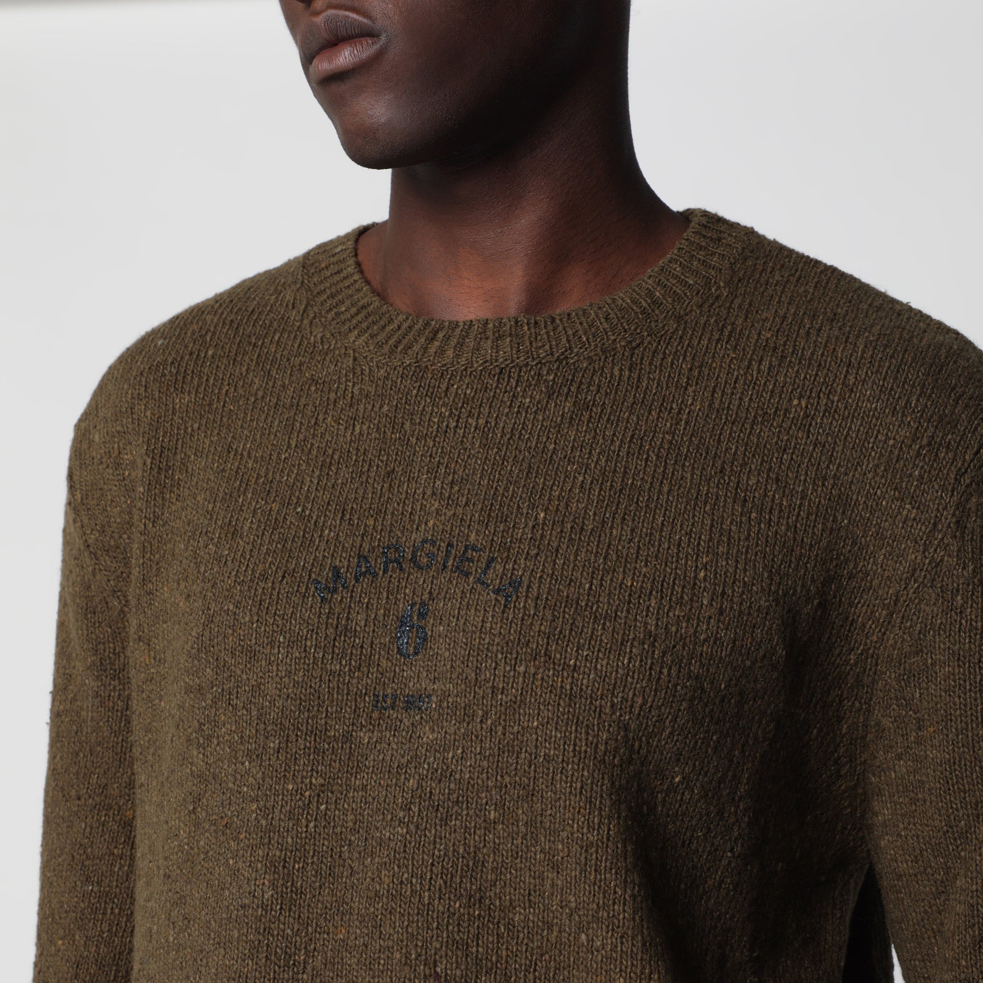 Crew-neck sweater in khaki/black wool blend