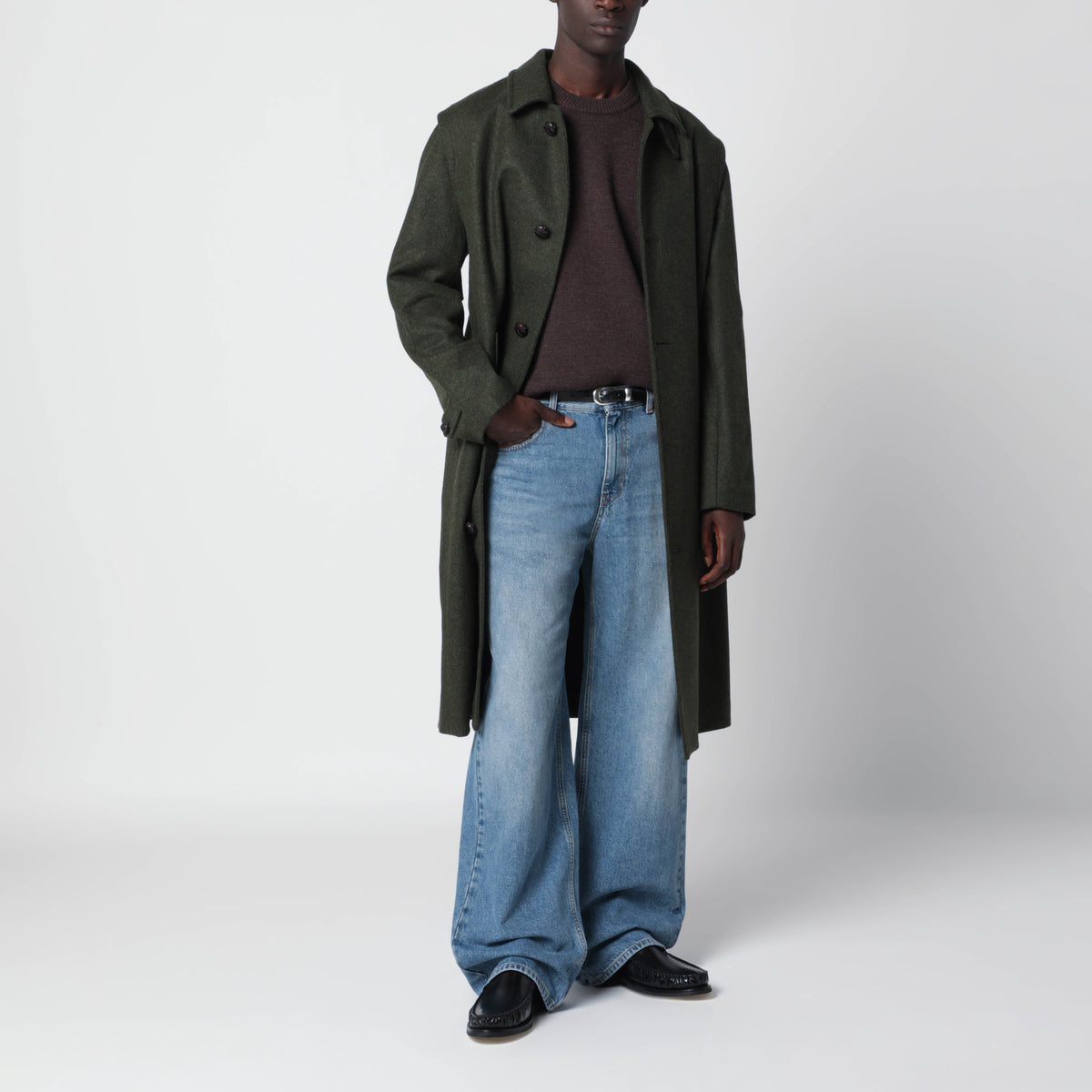 Alexander long green wool coat