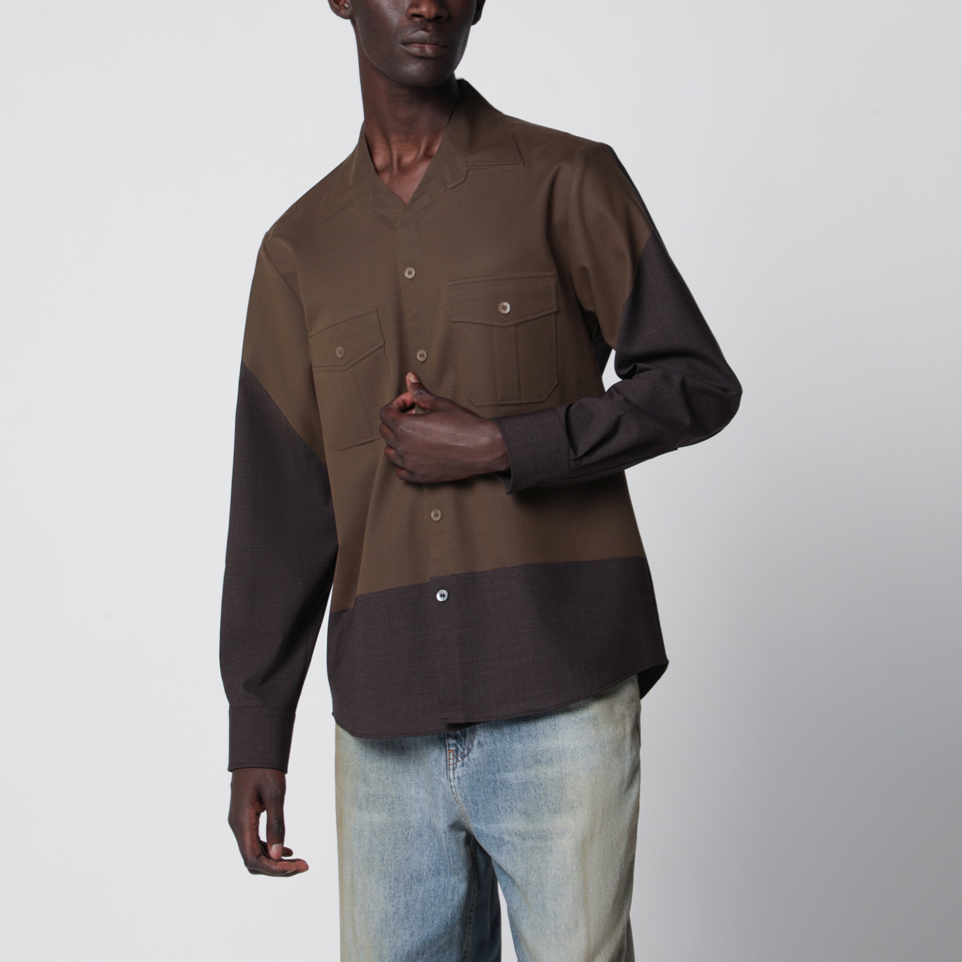 Camicia bicolore marrone in misto lana