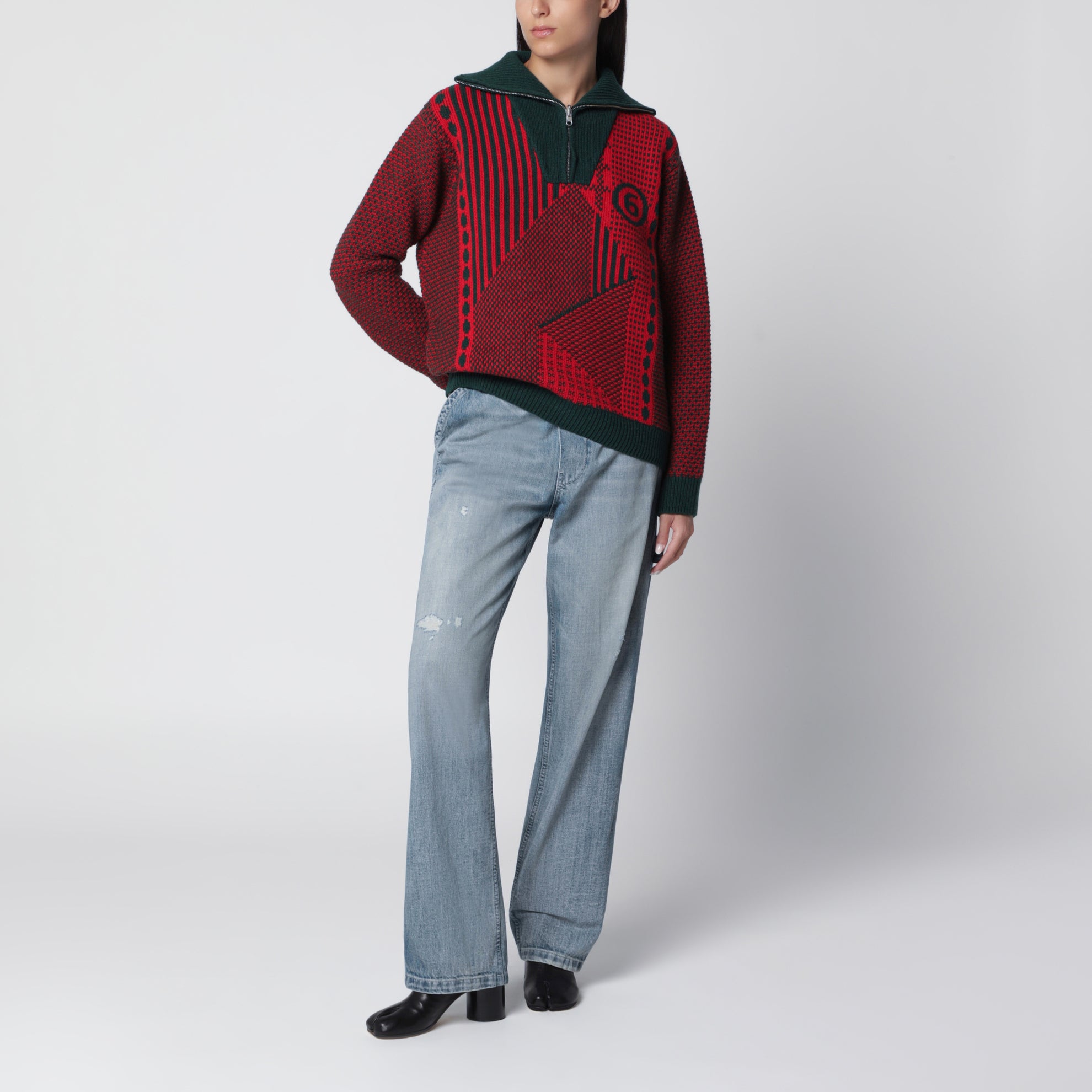 Jacquard-Strickpullover aus Wollmischung in Rot/Waldgrün