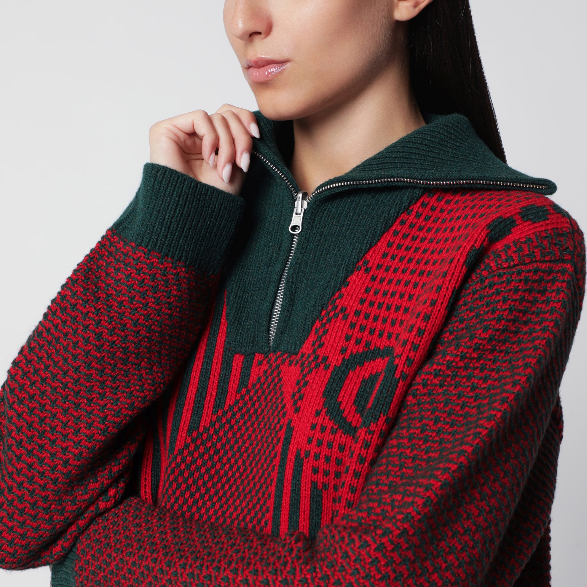 Jacquard-Strickpullover aus Wollmischung in Rot/Waldgrün