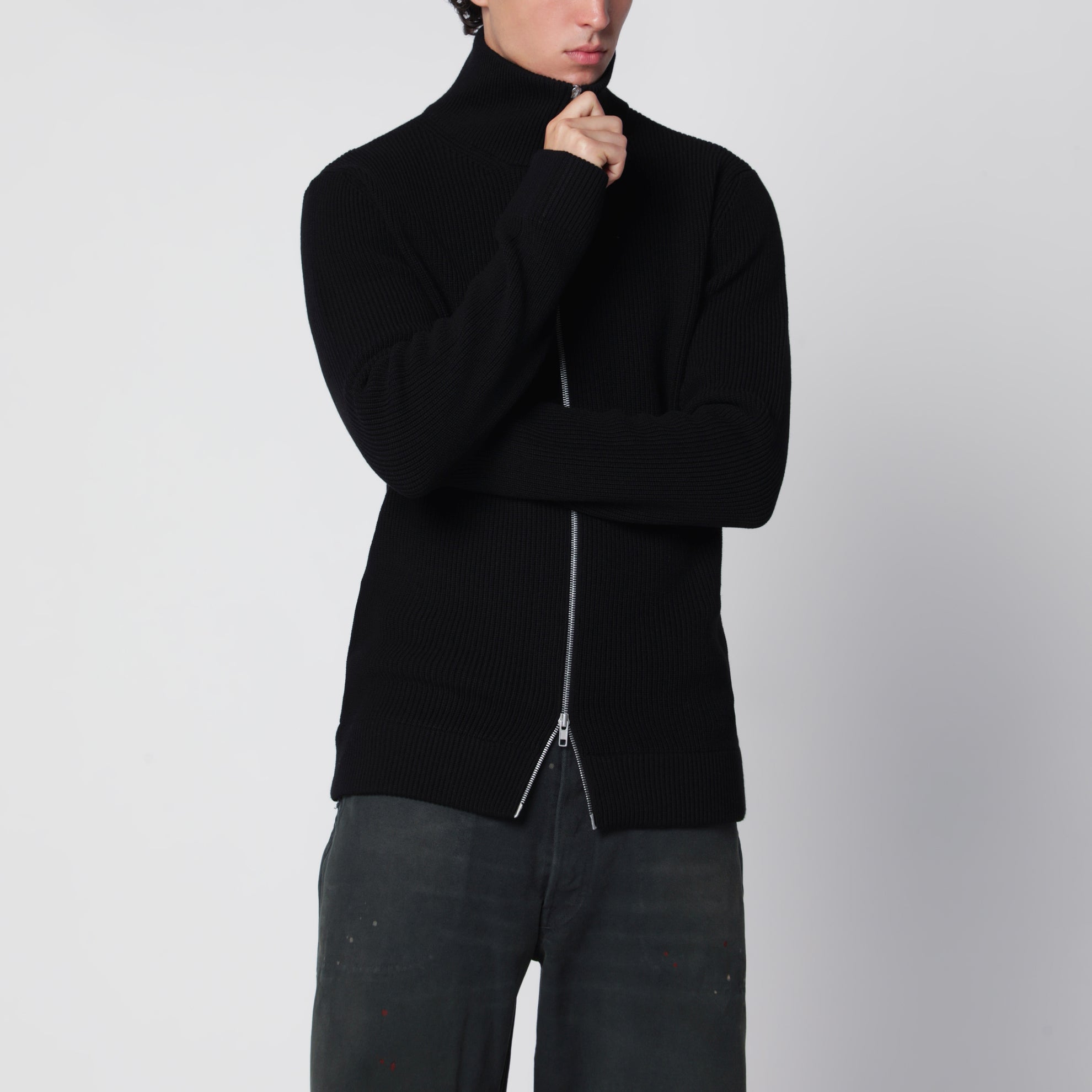 Cardigan in maglia con zip in cotone e lana nero