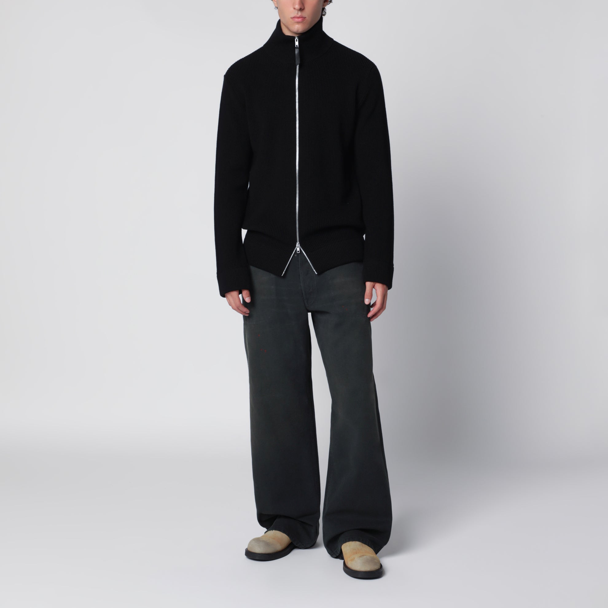 Cardigan in maglia con zip in cotone e lana nero