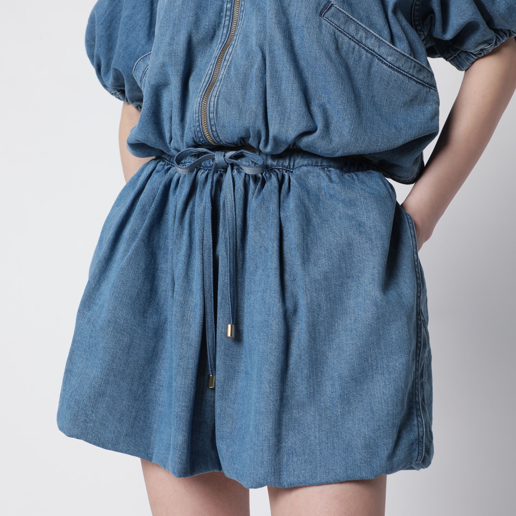 Bloomer mini skirt in blue cotton-blend denim
