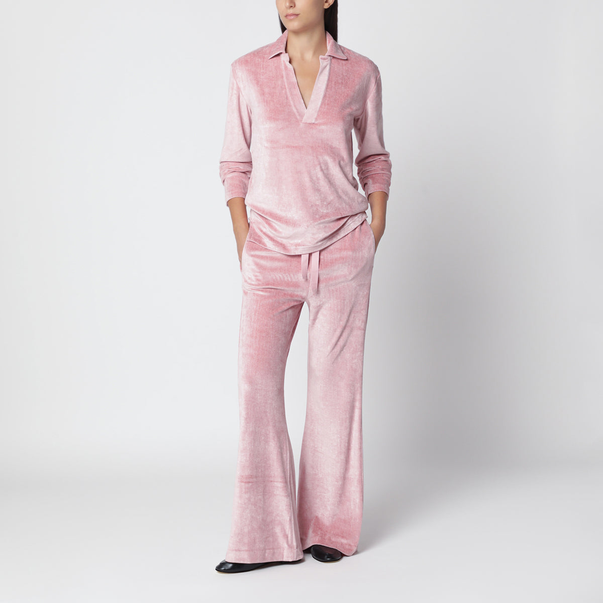 Pantaloni jogging svasati rosa fragola in velluto