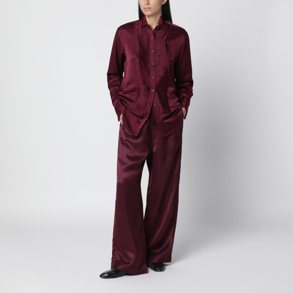 Pantaloni fluidi color melanzana in viscosa lucida